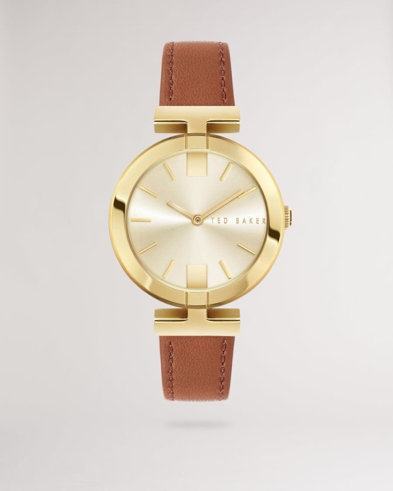 Tan Ted Baker Darbii T Frame Leather Strap Watch Watches | ILPYXVS-62