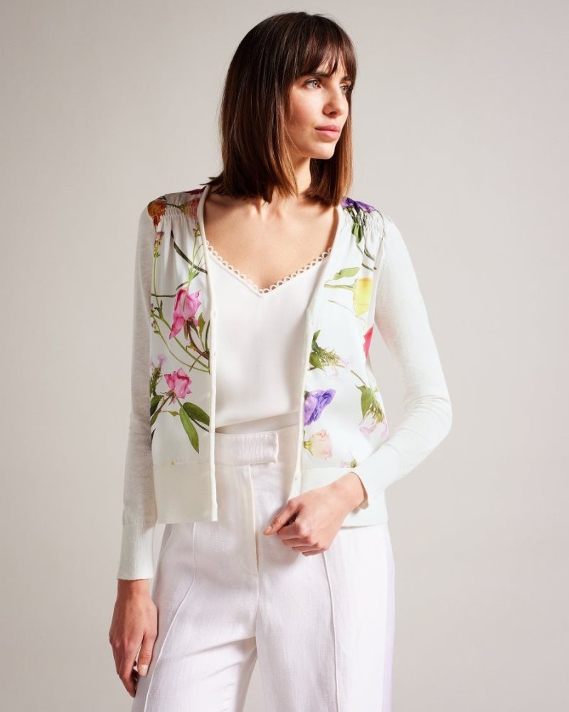 White Ted Baker Chantri Woven Front Printed Cardigan Jumpers & Cardigans | UPSGYFR-12