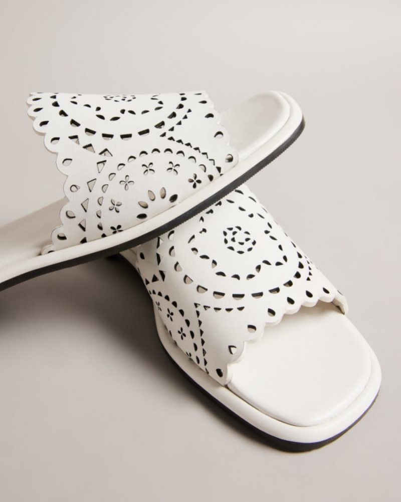 White Ted Baker Clovei Laser Cut Flat Sandals Sandals & Sliders | BUCPSRE-49