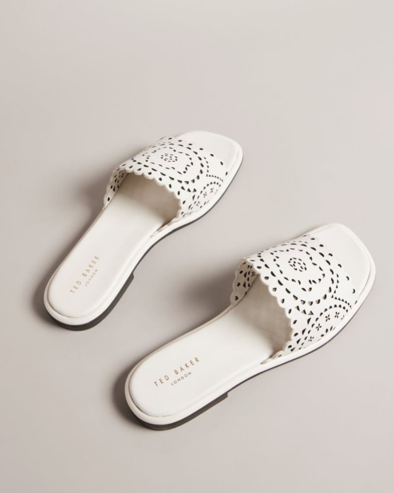 White Ted Baker Clovei Laser Cut Flat Sandals Sandals & Sliders | BUCPSRE-49