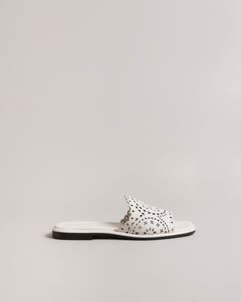 White Ted Baker Clovei Laser Cut Flat Sandals Sandals & Sliders | BUCPSRE-49