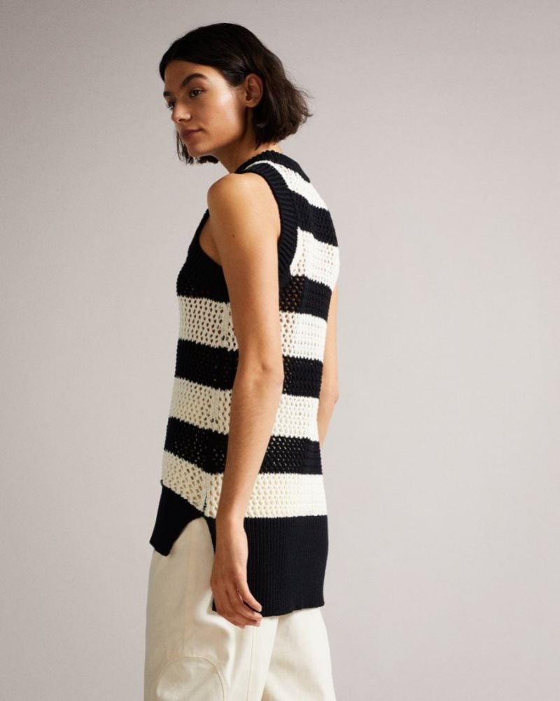 White Ted Baker Heide Open Stitched Striped Tank Top Jumpers & Cardigans | MDTZKPQ-72
