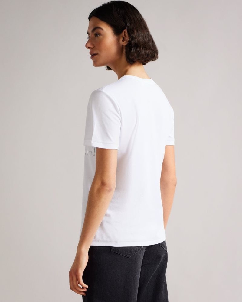 White Ted Baker Malom Branded Foil Cotton T-Shirt Tops & Blouses | QUDGTEA-35
