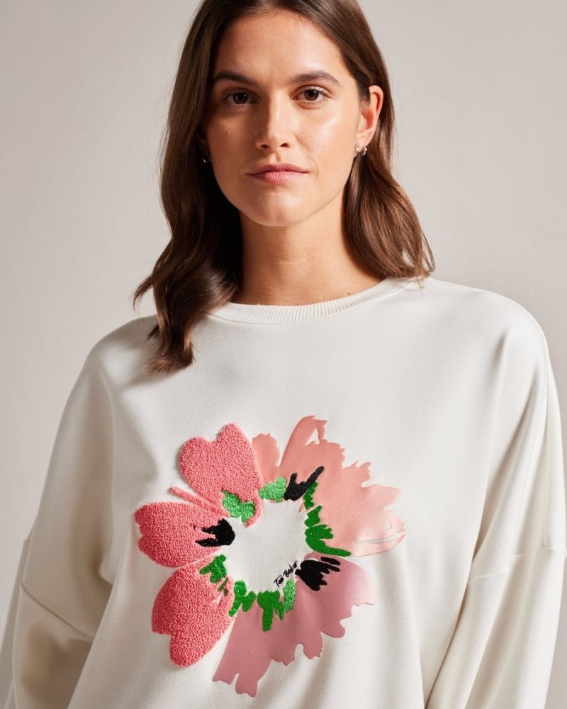 White Ted Baker Marene Textured Flower Graphic Jumper Tops & Blouses | OVLJUEC-67