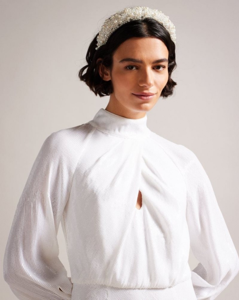 White Ted Baker Mayrose Draped Sequin Embellished Maxi Dress Dresses | INZTVGB-19