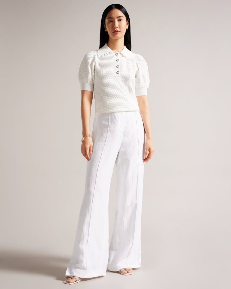 White Ted Baker Reannia Polo Knit Top With Embellished Buttons Tops & Blouses | UWNTBCF-95