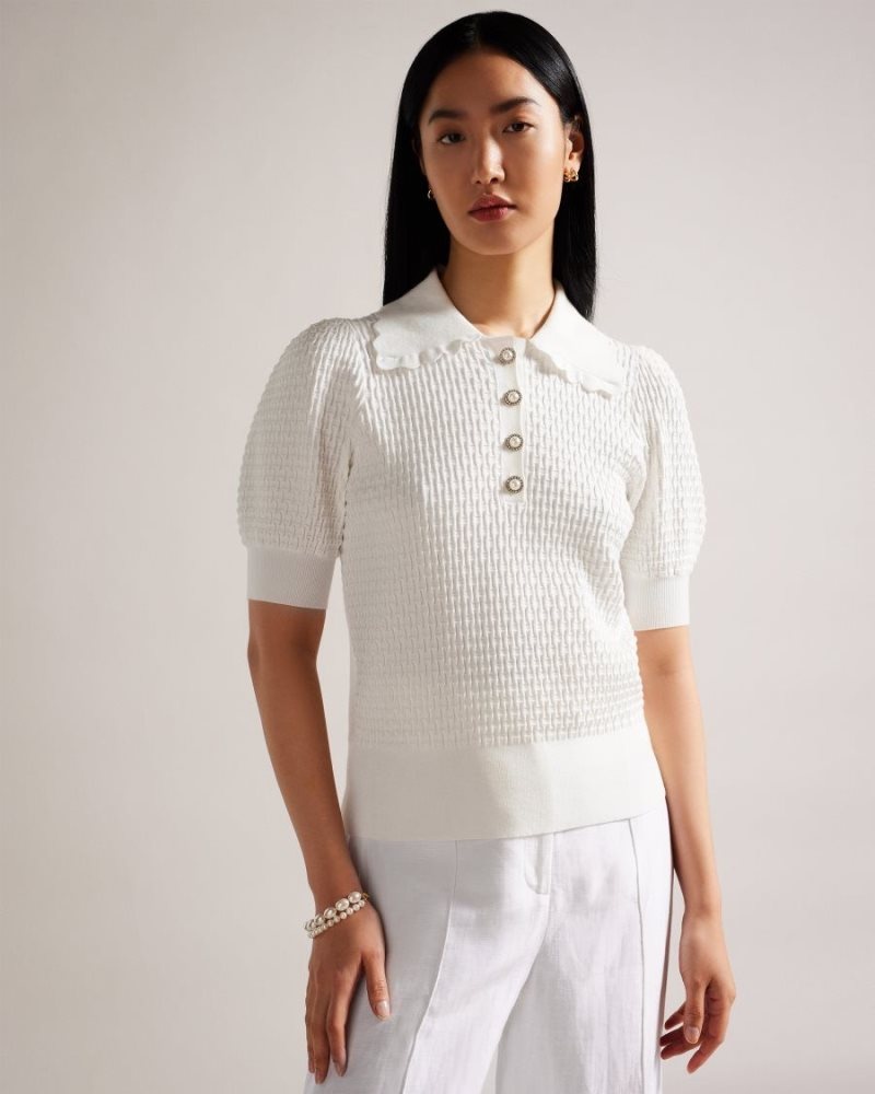 White Ted Baker Reannia Polo Knit Top With Embellished Buttons Tops & Blouses | UWNTBCF-95