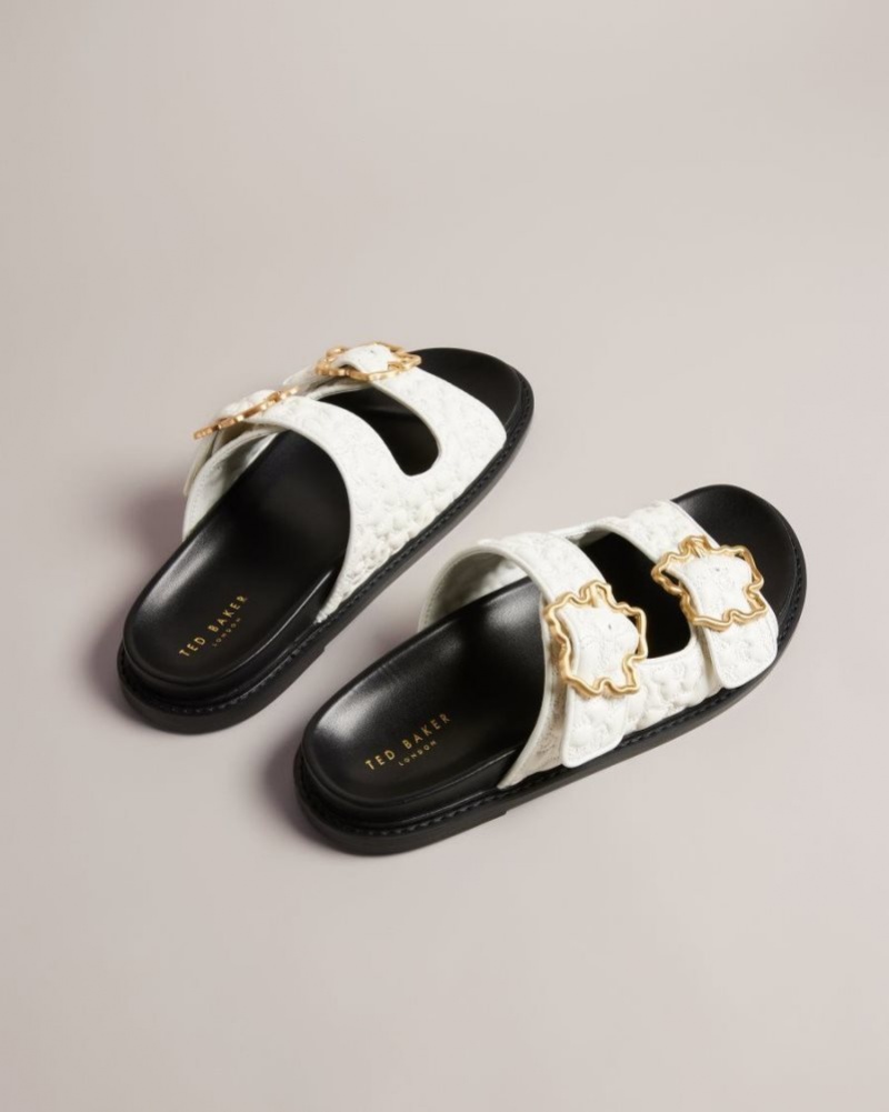 White Ted Baker Rinnely Quilted Magnolia Buckle Sandals Sandals & Sliders | DVBROXH-82
