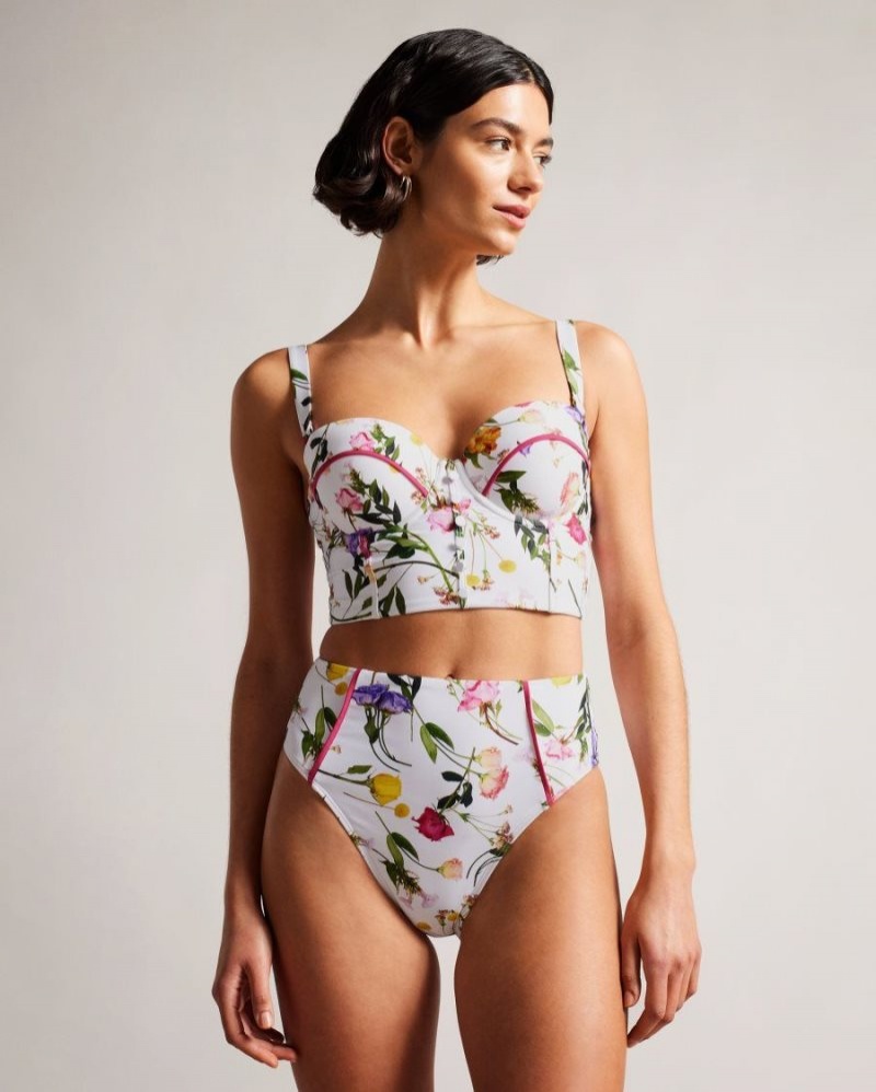 White Ted Baker Rosaby High Waisted Floral Bikini Bottoms Swimwear & Beachwear | IPAVFEY-56