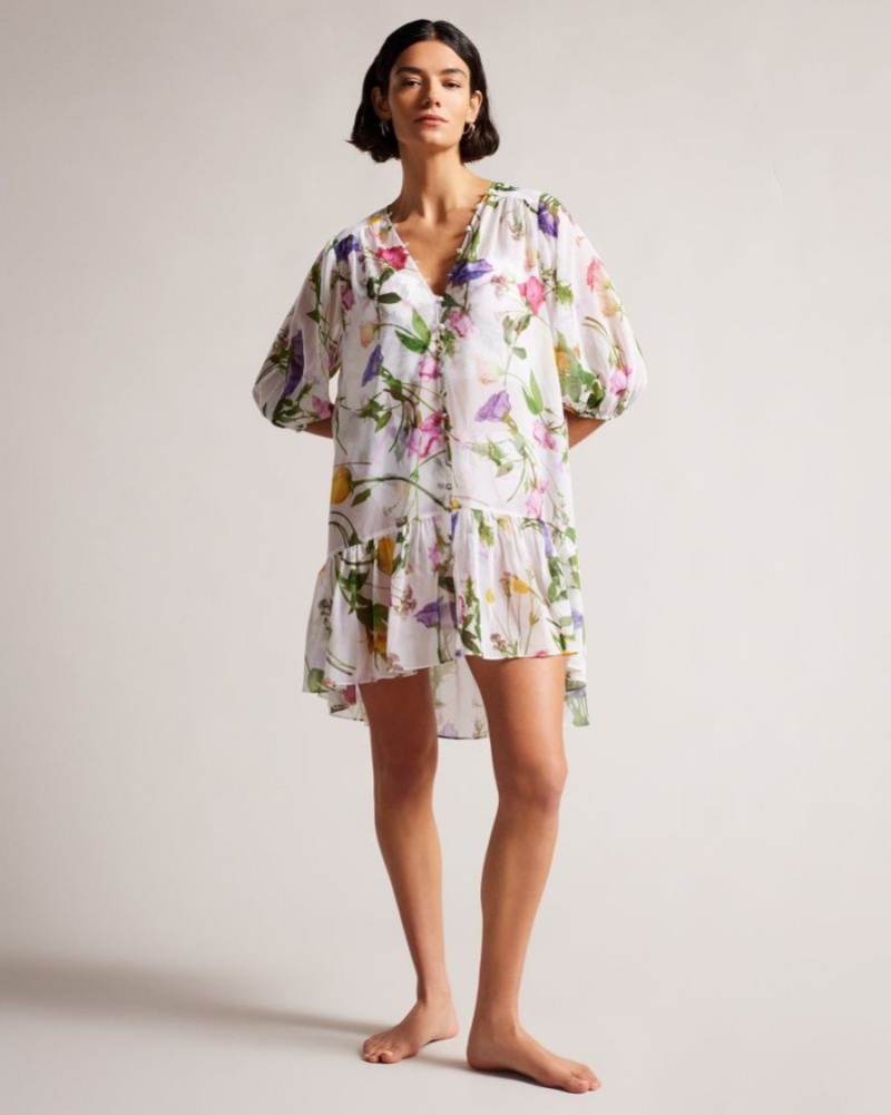 White Ted Baker Rosmryy Floral Cover Up With Dropped Waist Swimwear & Beachwear | AXKEDYJ-86