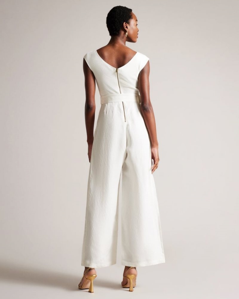 White Ted Baker Tabbiaa Knitted Bodice Wide Leg Jumpsuit Trousers & Shorts | ZEDGQKH-12