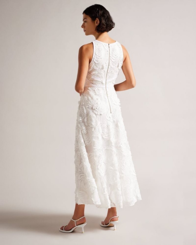White Ted Baker Ullaa Sleeveless Midaxi Dress With Rose Texture Dresses | XOJNRLB-07