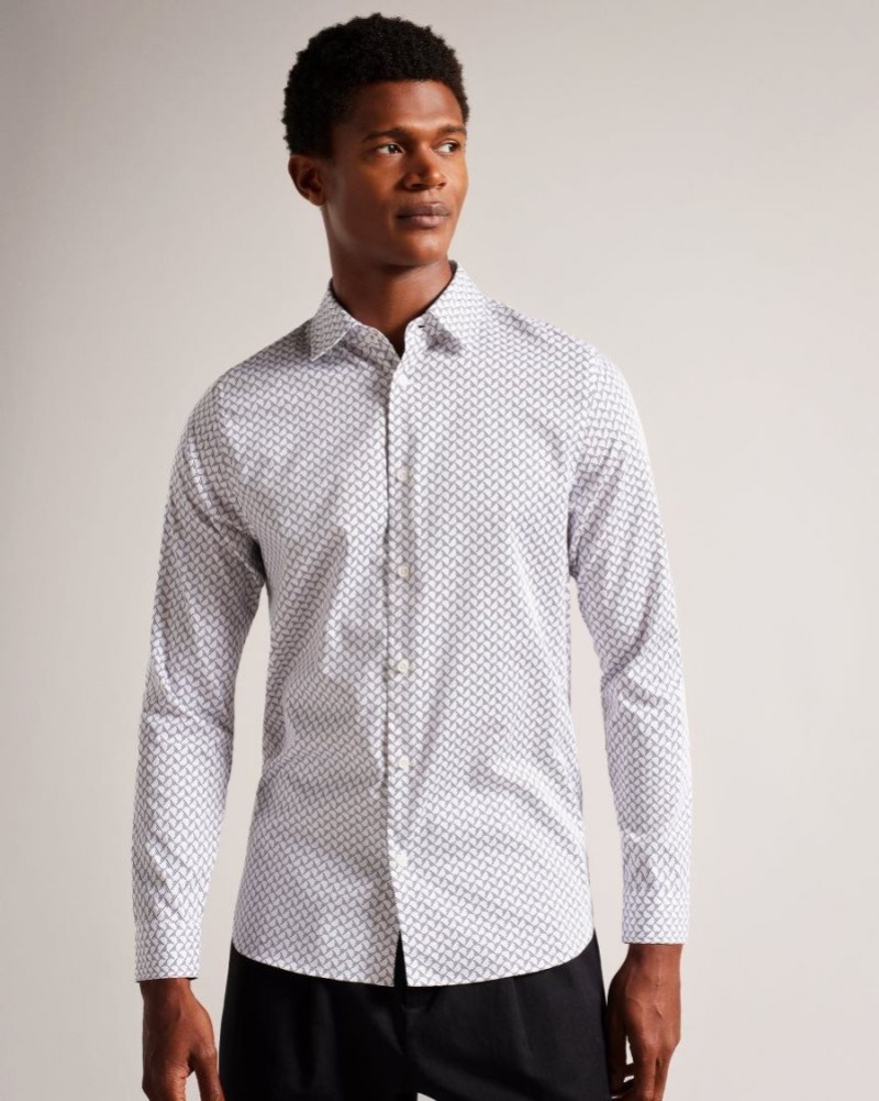 White Ted Baker Willuw Long Sleeve Geometric Print Shirt Shirts | EJZROHP-31